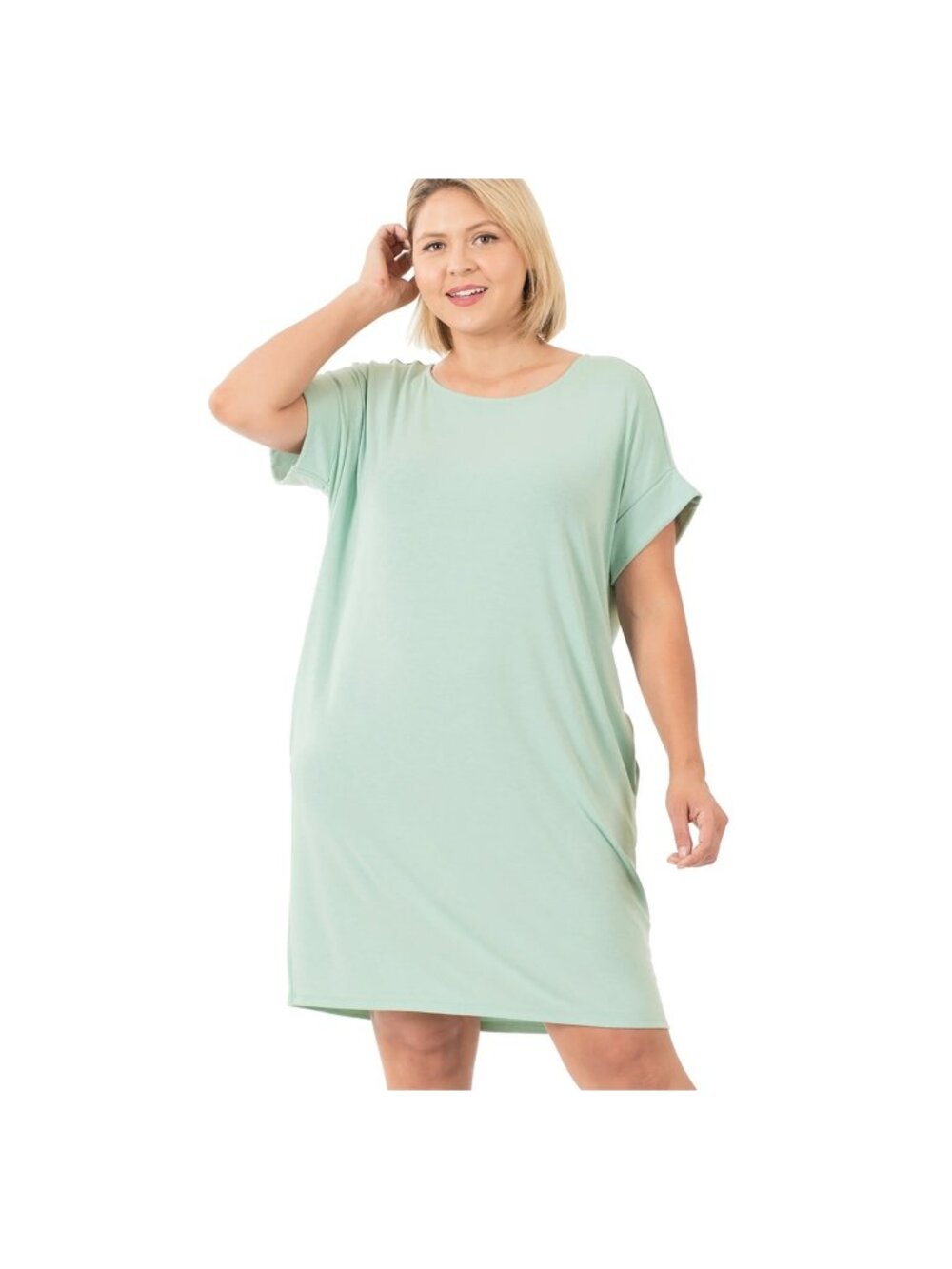 Zenana Tunic Shirt Dress XL Round Neck Rolled Sleeve Knee Length Green Relaxed